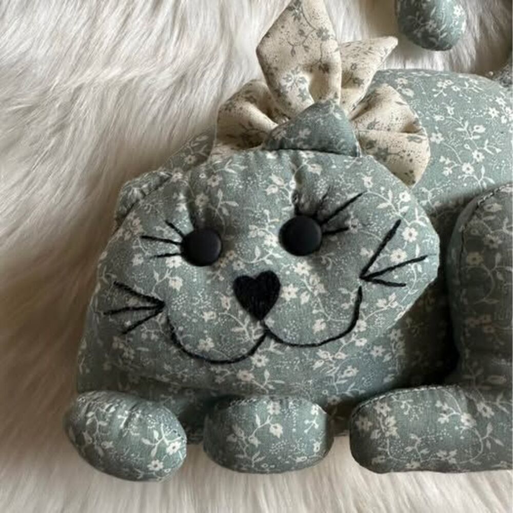 Vintage Handmade Fabric Cat Stuffie - Cat Shelf Sitter - Vintage Cat - 90s Cat -